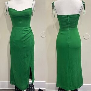 Reformation Kourtney Midi Slip Dress Crepe Emerald Green Tie Straps High Slit